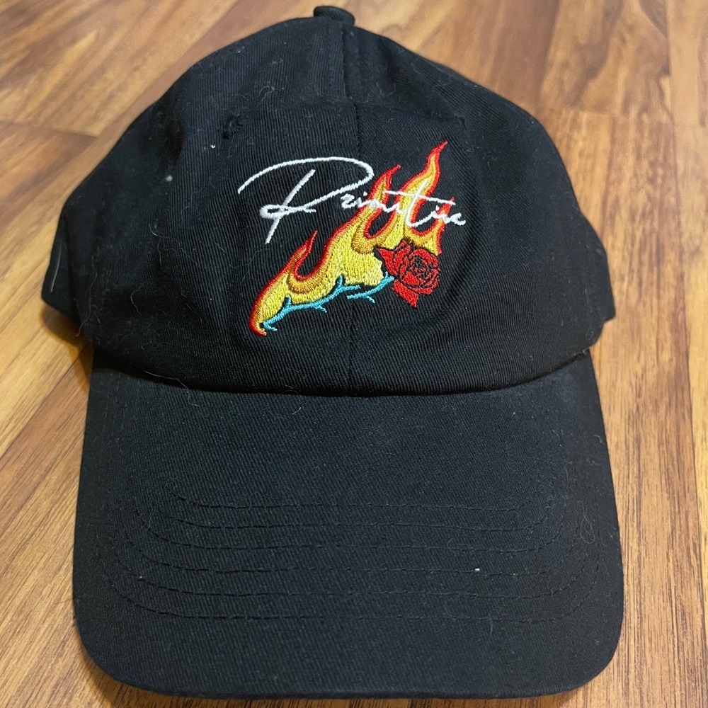 Primitive Skateboarding Hat Mens OS Dad Cap Black Cotton Burning Rose Flame Logo